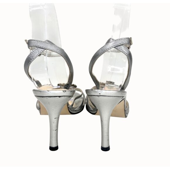 CAPARROS METALLIC SILVER LEATHER RHINESTONE HEART ANKLE STRAP SANDALs HEELS - 7B - Picture 9 of 11